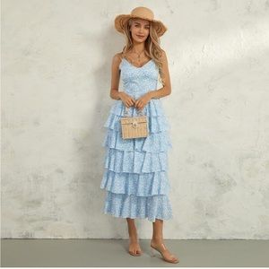 blue, blue floral, wedding guest dress, bridesmaid dress, prom dress